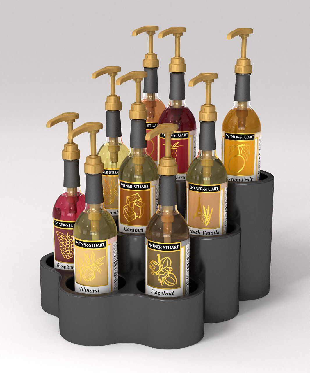 Product rendering: Coffee flavour syrup bottles in display stand